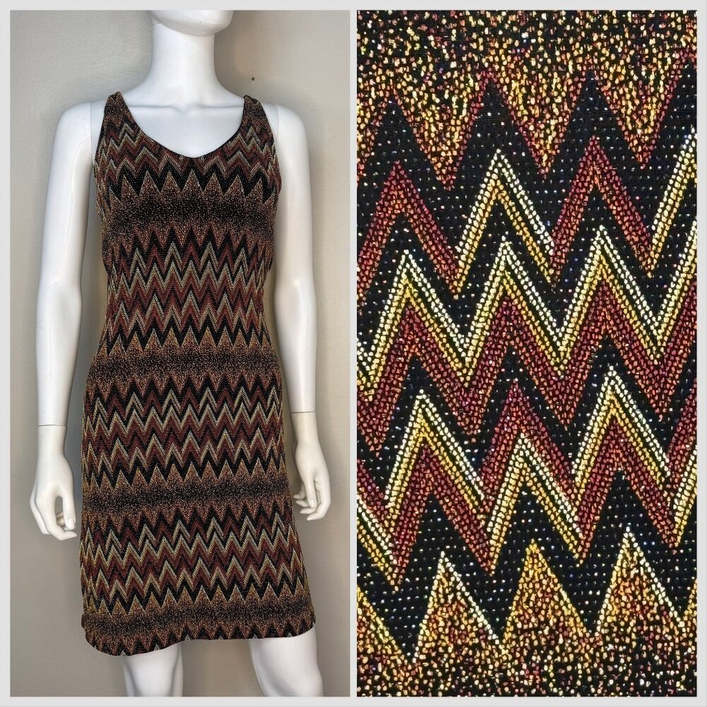 Vintage 1990s/Y2K Party Dress, Brown and Black Sparkle Zig Zag, Sassy Size Small